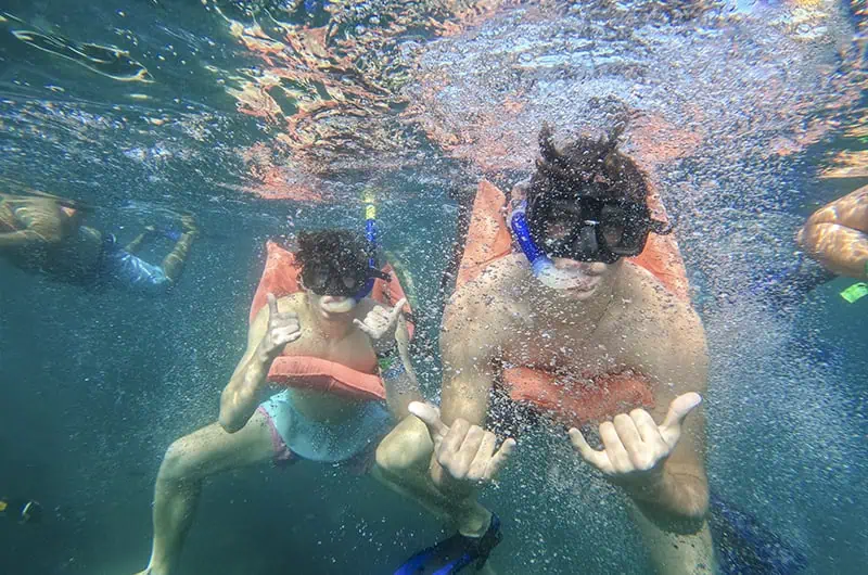 Turistas realizando snorkel con biólogos